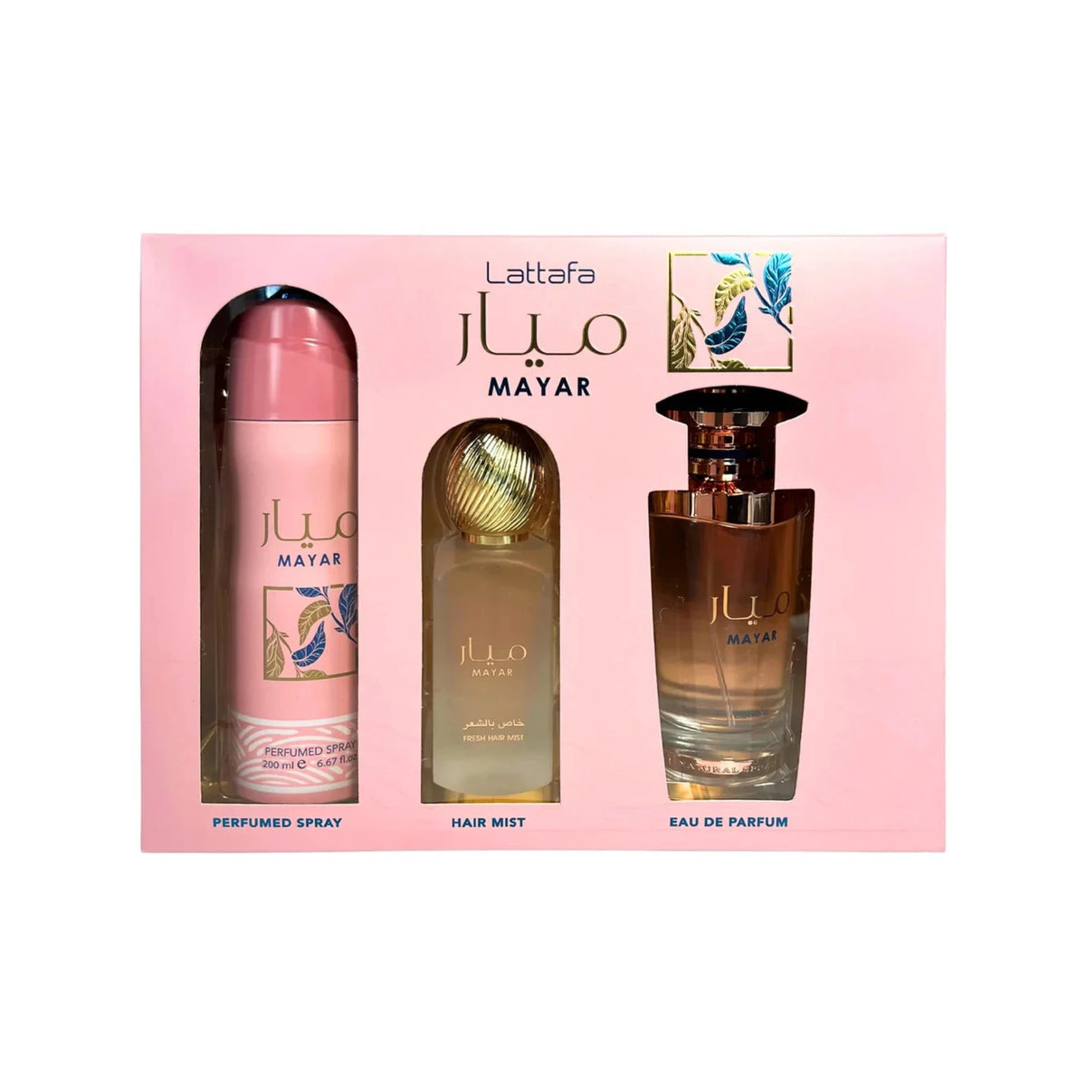 Set Mayar Lattafa para Mujer – Eau de Parfum + Hair Mist + Perfumed Spray 3 Piezas