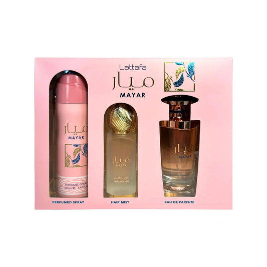 Set Mayar Lattafa para Mujer – Eau de Parfum + Hair Mist + Perfumed Spray 3 Piezas