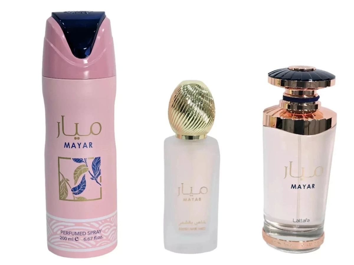 Set Mayar Lattafa para Mujer – Eau de Parfum + Hair Mist + Perfumed Spray 3 Piezas