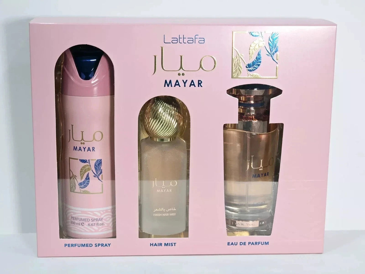Set Mayar Lattafa para Mujer – Eau de Parfum + Hair Mist + Perfumed Spray 3 Piezas