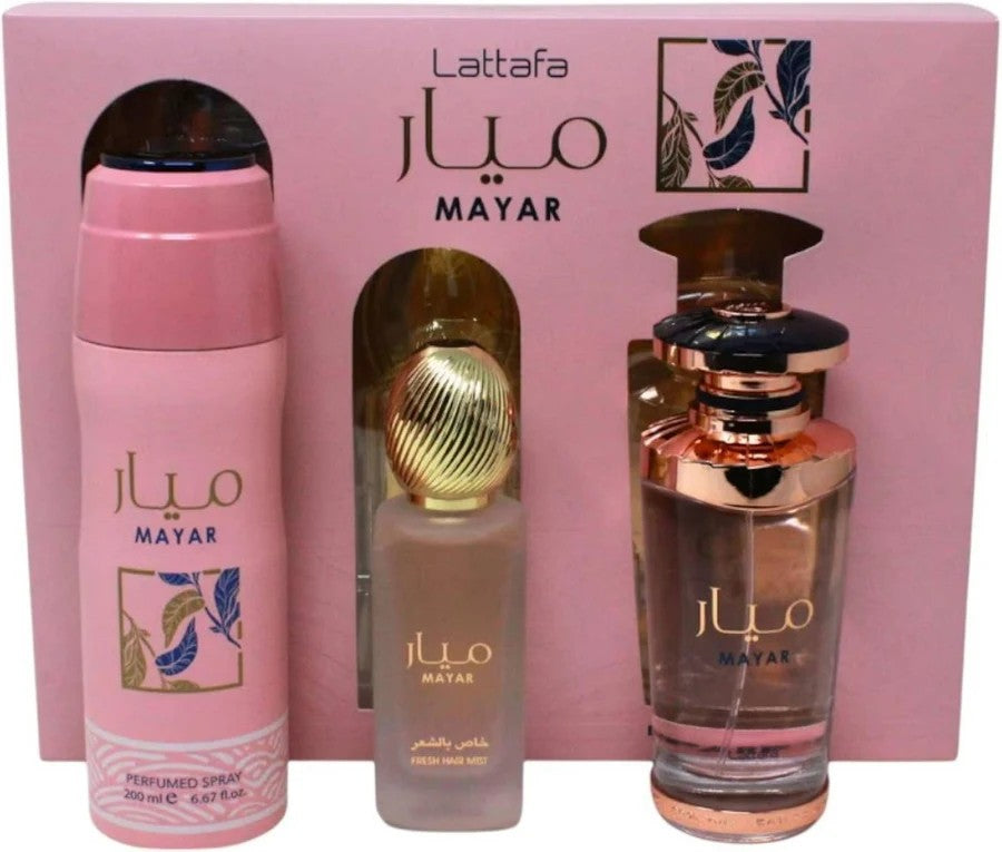 Set Mayar Lattafa para Mujer – Eau de Parfum + Hair Mist + Perfumed Spray 3 Piezas