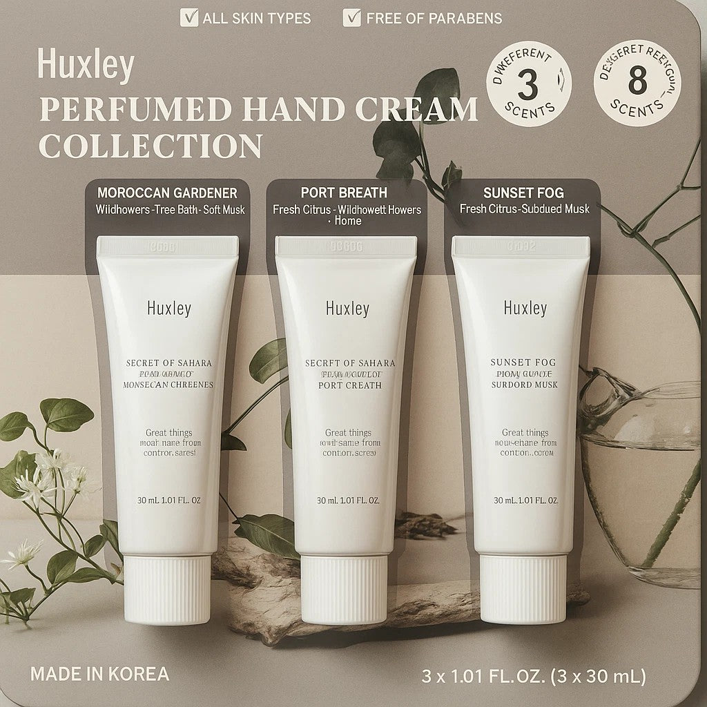Huxley Hand Cream Collection – Pack x3 Cremas Perfumadas Hidratación y Aroma Premium (Colección Coreana)