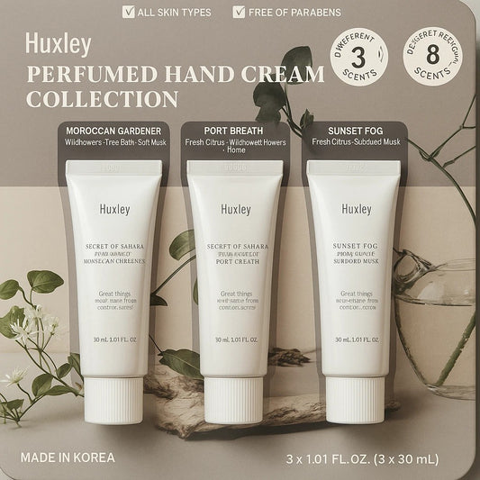 Huxley Hand Cream Collection – Pack x3 Cremas Perfumadas Hidratación y Aroma Premium (Colección Coreana)