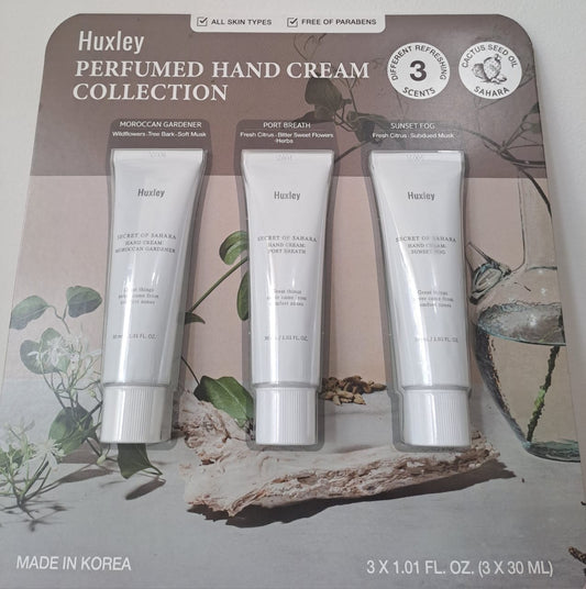 Huxley Hand Cream Collection – Pack x3 Cremas Perfumadas Hidratación y Aroma Premium (Colección Coreana)
